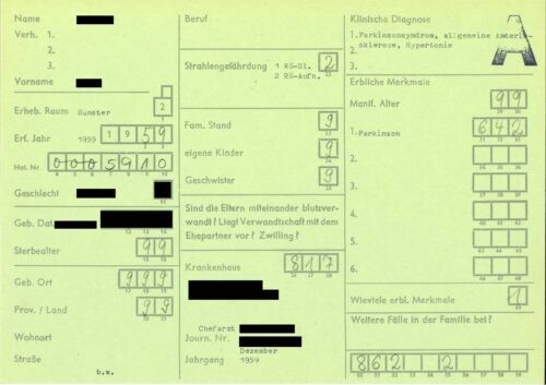 Karteikarte des „Genetik-Registers“ aus dem Jahr 1959. (Quelle: Universitätsarchiv Münster, Bestand 130.)