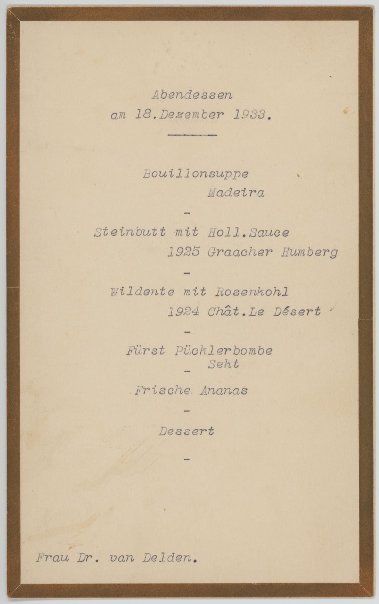 Speisenfolge eines Abendessens am 18. Dezember 1933 (Archiv für Alltagskultur, Personenbestand Ludtmann, K03202.0012)