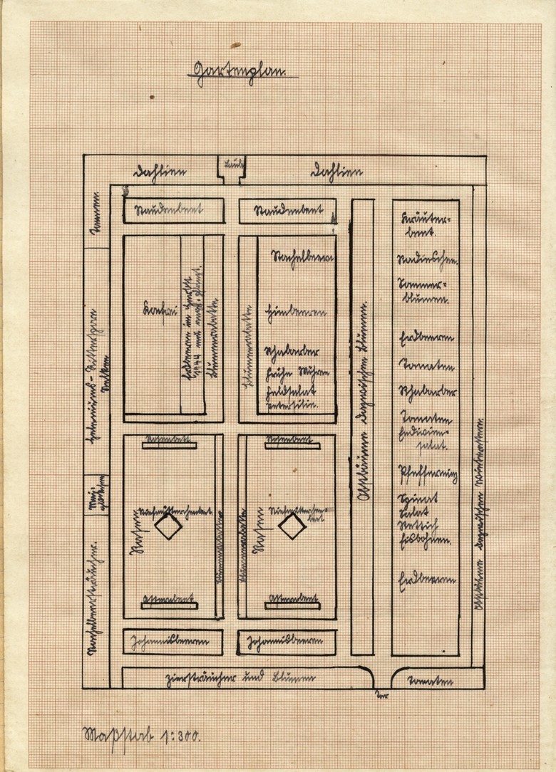 Gartenplan, Zeichnung von Elisabeth Hippe im Merkbuch.