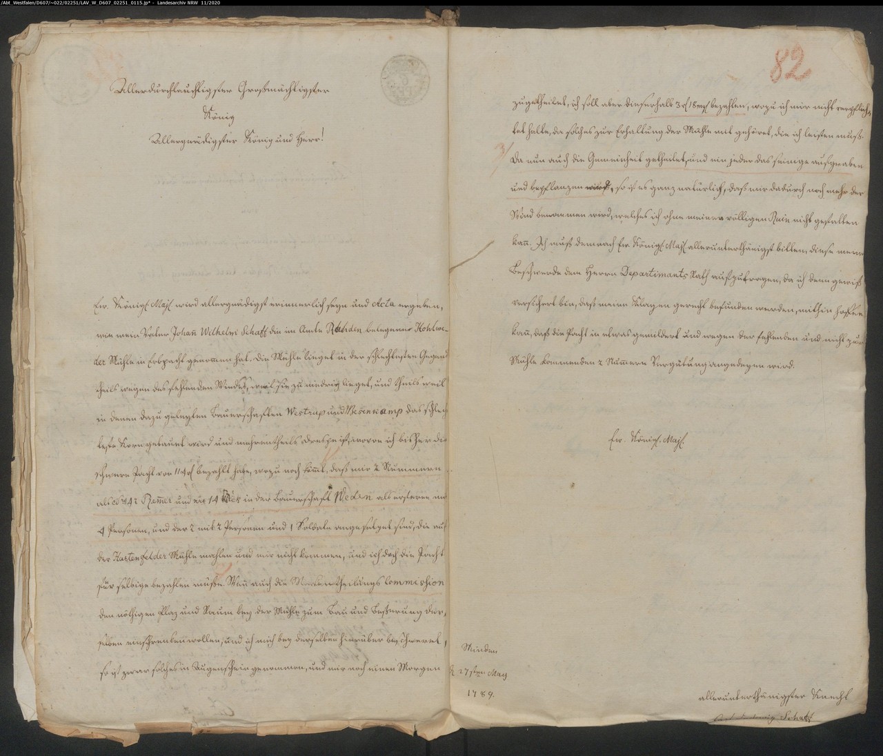 Ein Blick in die Akte: Verzweifelt schrieb der Müller Carl Ludwig Schaaff im Mai 1789 an die Kriegs- und Domänenräte in Minden. Ihm drohe angesichts seiner angespannten wirtschaftlichen Lage der „völlige Ruin“ (LAV NRW W, D 607, Nr. 2251, fol. 81v–82r).