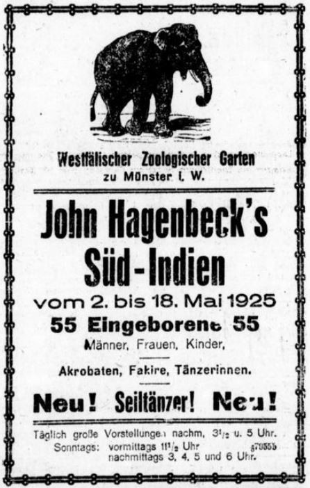 Werbeanzeige für „Hagenbeck’s Süd-Indien“, Münsterischer Anzeiger, 10.05.1925. Online abrufbar über das Zeitungsportal NRW (www.zeitpunkt.nrw).
