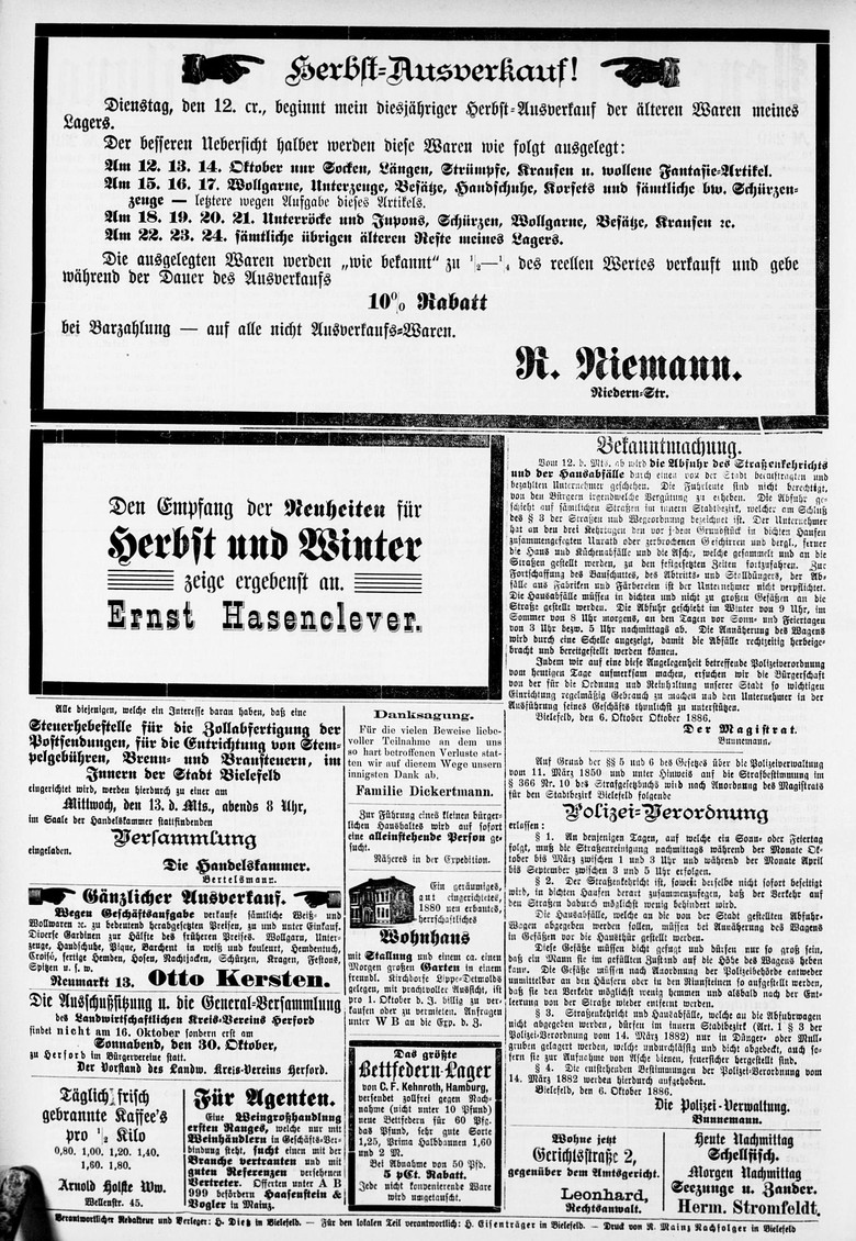 Bekanntmachung und Polizei-Verordnung zur Einführung der Müllabfuhr in Bielefeld, Neue westfälische Volks-Zeitung, 1886, StArchBi.