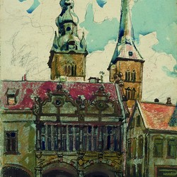 Lemgo: Rathaus mit Türmen der Kirche St. Nicolai. Aquarell und Kreide auf Papier (1923). Quelle: Stichting Vrienden van de Schilder Martin Monnickendam. (vergrößerte Bildansicht wird geöffnet)