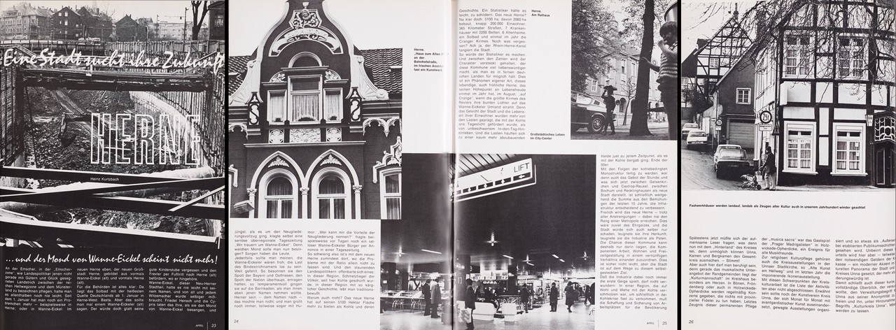 „Herne – eine Stadt sucht ihre Zukunft“ – vierseitige Fotostrecke im Westfalenspiegel, April 1975. Fotos: Helmut Orwat, Westfalenspiegel / Kommission Alltagskulturforschung für Westfalen