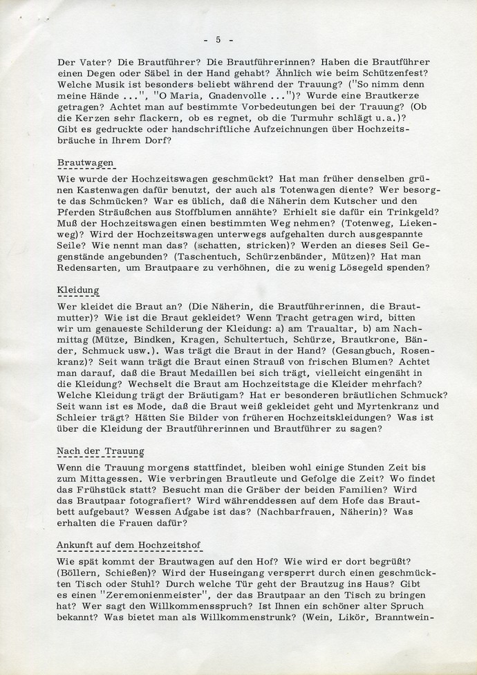Blatt 5 der Frageliste 8 "Verlobung und Hochzeit". Archiv für Alltagskultur.