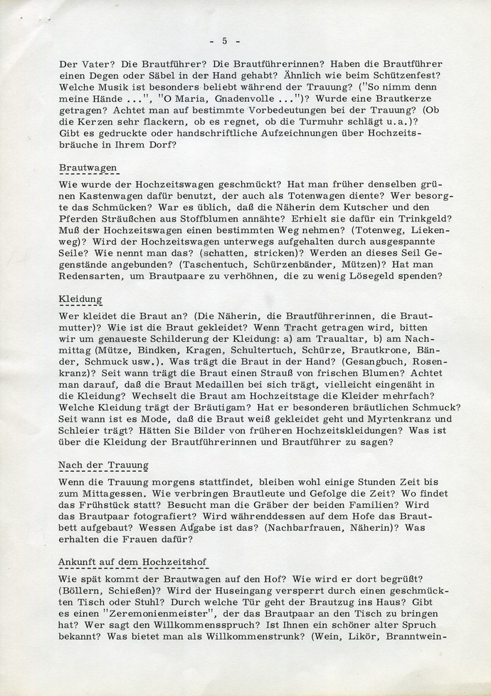 Blatt 5 der Frageliste 8 "Verlobung und Hochzeit". Archiv für Alltagskultur.