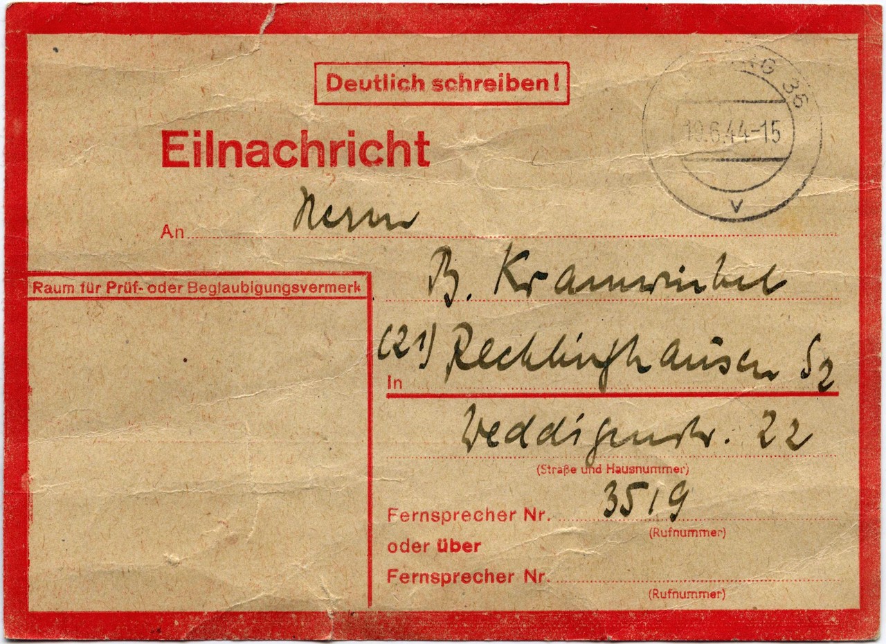 Die Eilnachricht ist an Herrn B[ernhard] Kramwinkel in Recklinghausen adressiert.