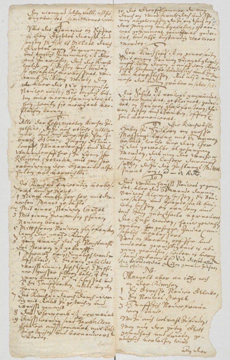 Eine Seite aus dem Bericht des Lienener Pfarrers Wilhelm Snethlage an den Tecklenburger Grafen von 1657, in dem er von der Teilnahme von Katholiken am reformierten Gottesdienst spricht. Bild: Landesarchiv NRW, Abteilung Westfalen, Grafschaft Tecklenburg, Akten, Nr. 265.