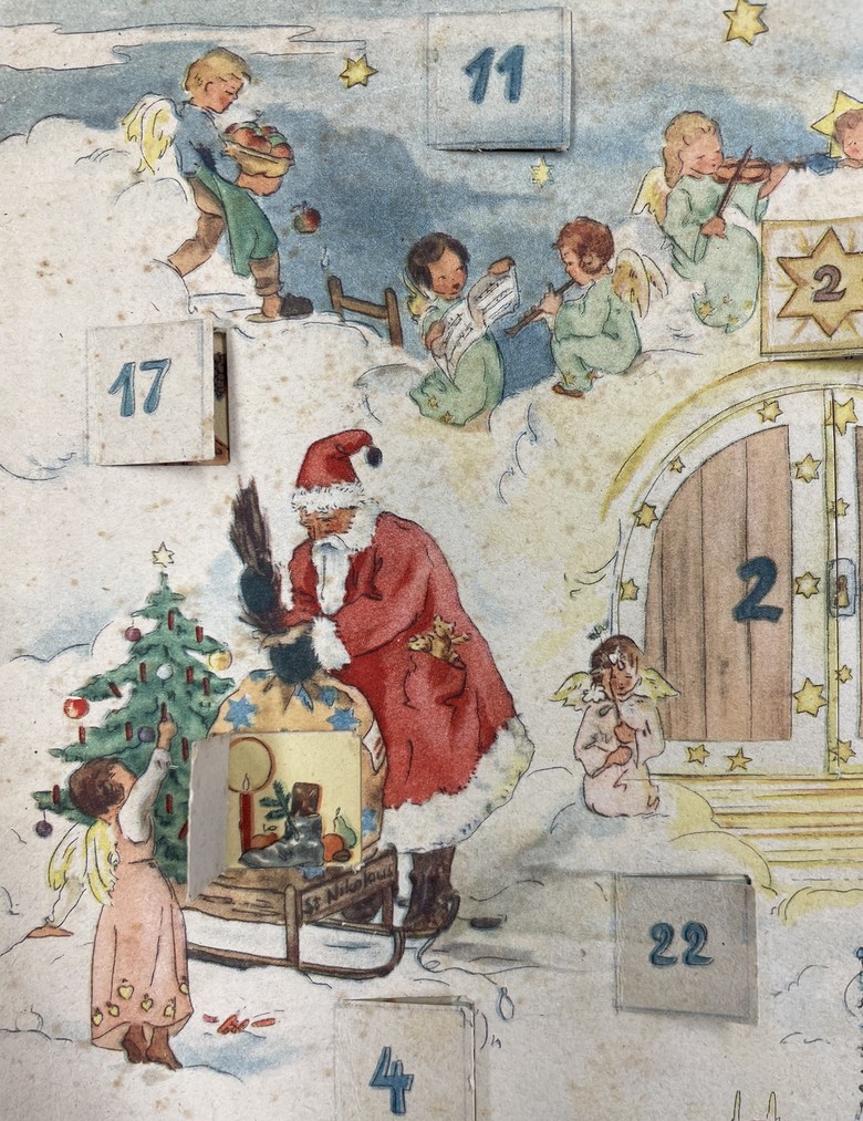 Hinter dem 6. Türchen, welches sich auf einem Sack voller Gaben befindet, versteckt sich ein prall gefüllter Nikolausstiefel.