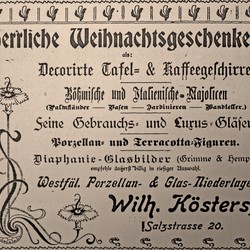 Die "Westfäl. Porzellan- & Glas-Niederlage Wilh. Kösters" empfahl verschiedene Arten von Glas und Porzellan als "[h]errliche Weihnachtsgeschenke". Westfälischer Merkur, 08.12.1900. (vergrößerte Bildansicht wird geöffnet)