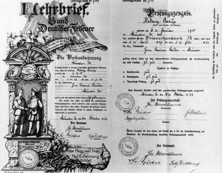 Lehrbrief des Bundes Deutscher Friseure von 1932, Archiv der Volkskundlichen Kommission, Bildarchiv Inventar-Nr. 1990.01246.