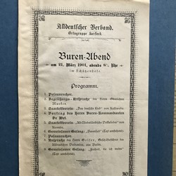 Ankündigung zum Burenabend 1901 in Herforder Schützenhof, Depositum des Geschichtsvereins, Kommunalarchiv Herford. (vergrößerte Bildansicht wird geöffnet)