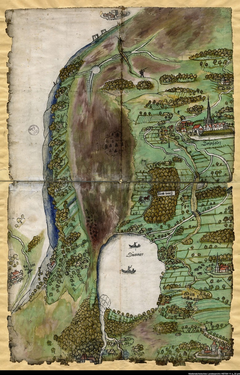 Karte des westlichen Grenzbereichs der Grafschaft Diepholz mit dem Dümmer See und der Hunte, Ende 16. Jh. NLA HA Kartensammlung Nr. 11a/32 pm; https://www.arcinsys.niedersachsen.de/arcinsys/detailAction.action?detailid=v4503610&icomefrom=search