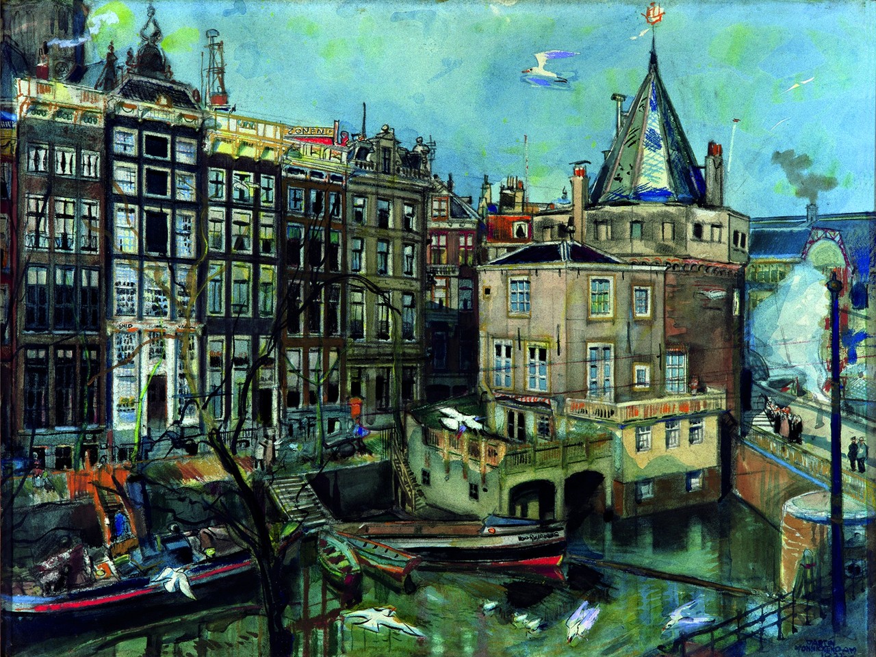 Amsterdam: Blick auf den Schreiersturm. Aquarell und Kreide auf Papier (1922). Quelle: Stichting Vrienden van de Schilder Martin Monnickendam.