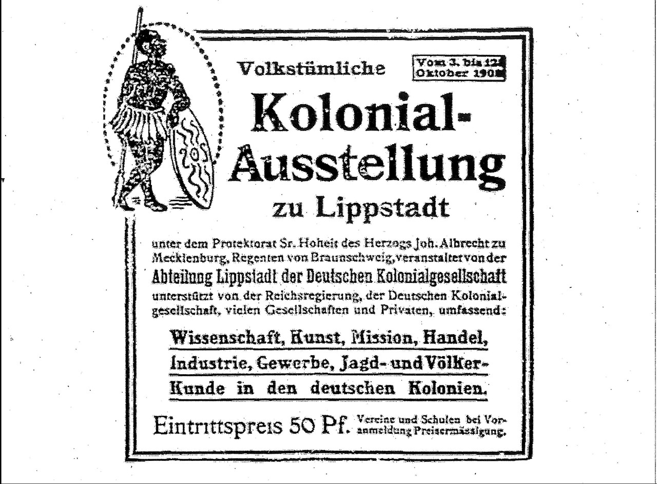 Eine „Volkstümliche Kolonialausstellung“ wurde vom 3. bis zum 12. Oktober 1908 in Lippstadt gezeigt. Auch Exponate aus der Sammlung von Josef Loag waren hier zu sehen. (Anzeige aus: Der Patriot, 05.10.1908)