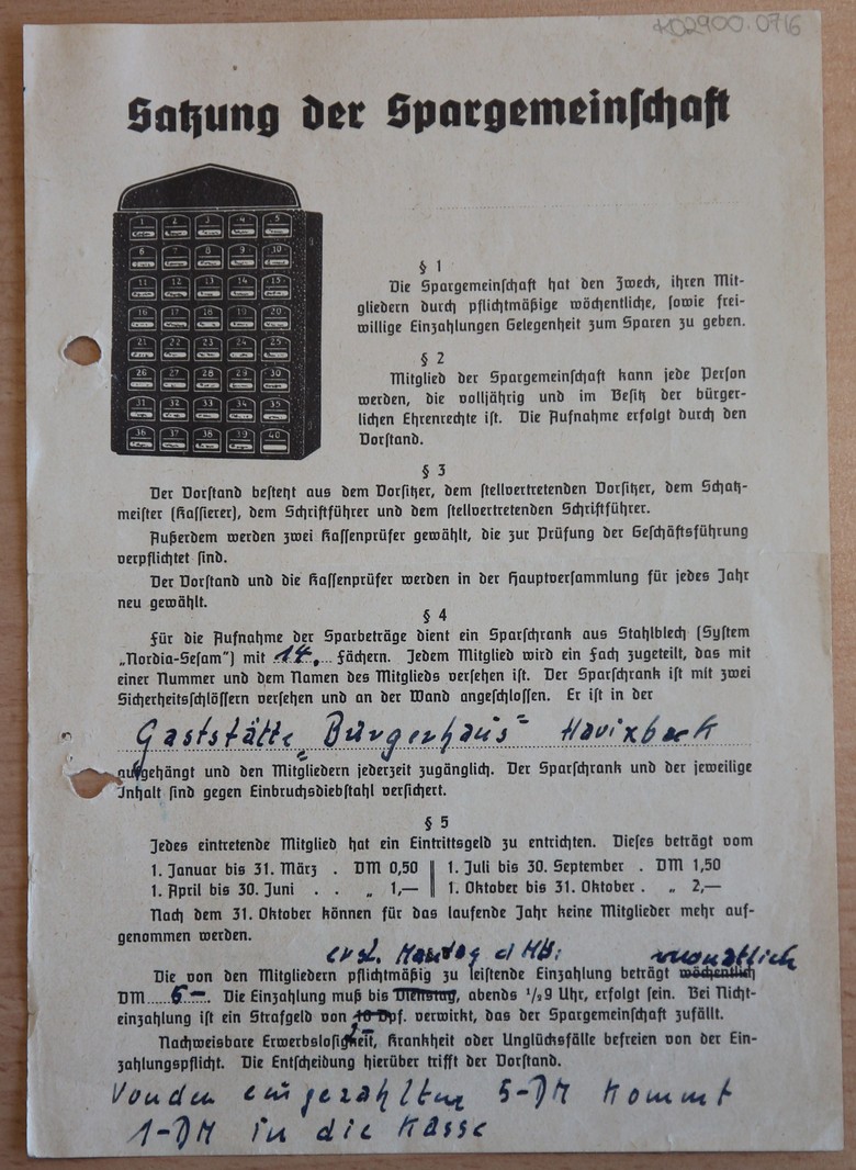 Satzungsvordruck eines Herstellers von Sparschränken mit Abbildung eines solchen. Foto: Regenbrecht/LWL.
