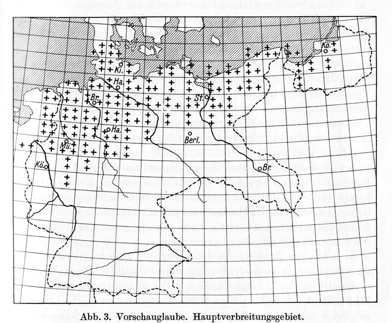 Verbreitung des Vorschauglaubens - Karte aus dem Buch von Karl Schmeing (1937).