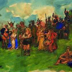 Horn-Externsteine: Dreharbeiten für den Film „Hermannsschlacht“. Kreide auf Papier (1923). Quelle: Stichting Vrienden van de Schilder Martin Monnickendam. (vergrößerte Bildansicht wird geöffnet)