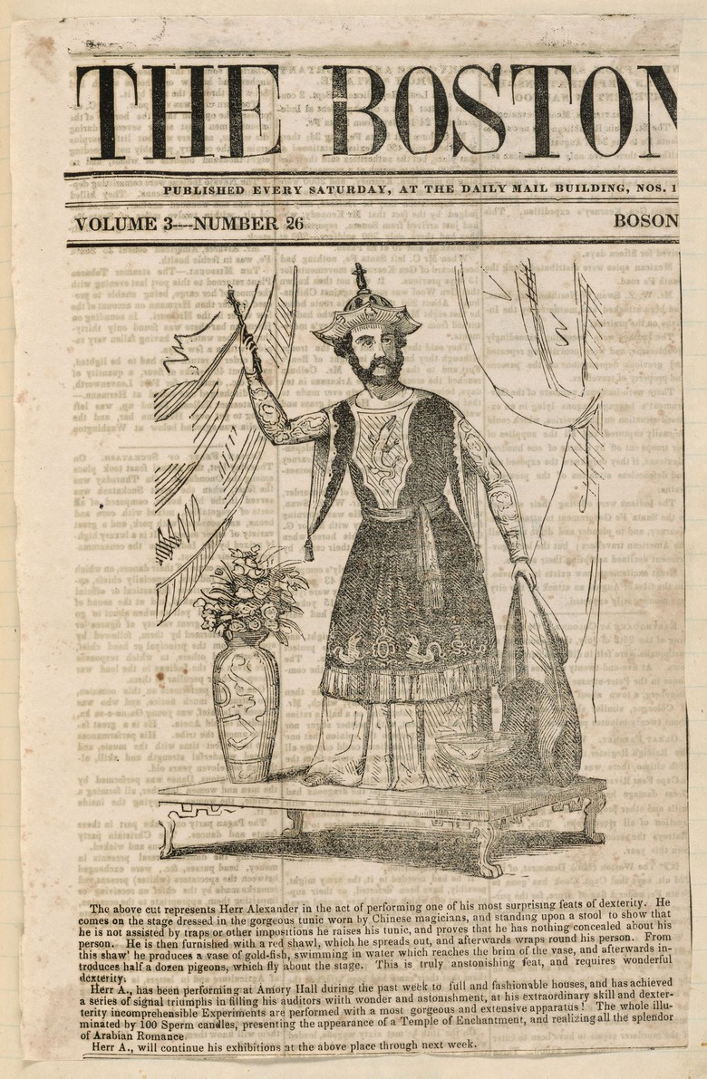 Herr Alexander, als Chinese verkleidet, lässt eine Schale mit Goldfischen auf der Bühne erscheinen, Zeitungsausschnitt vom September 1846 aus einer Tageszeitung aus Boston (USA) aus dem Scrapbook (Zeitungsausschnittbuch) von Alexander Heimbürger, Harry Ransom Humanities Research Center, The University of Texas, Austin (USA), aus dem Nachlass von Harry Houdini (Harry Houdini papers box 61, folder 3) (Foto: Harry Ransom Humanities Research Center, Austin).