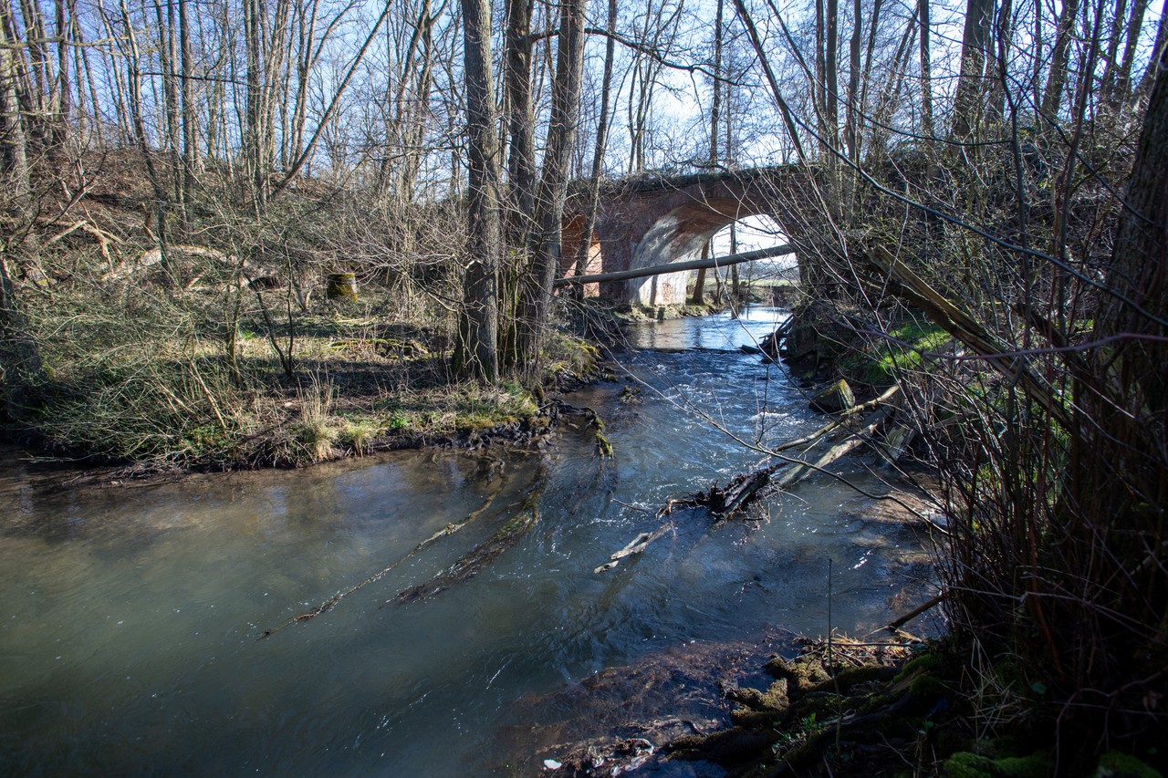 Brücke über die Bega für den Damm des Eisenbahnanschlusses der Lippischen Thonwarenfabrik, erbaut um 1900. Bis in die Gegenwart ist das frühere jüdische Ziegelei-Unternehmen in Dörentrup als „Judenwerk“ bekannt.  Der Betrieb wurde im Jahre 1973 aufgegeben. Die Fabrikgebäude wurden um 1985 abgerissen. (Peter Wehowsky, Bielefeld)