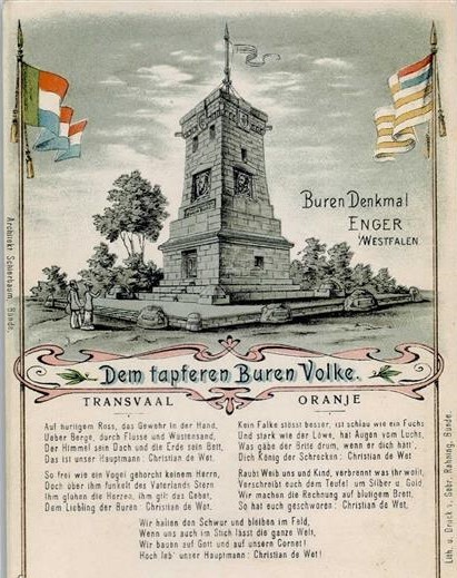 Ansichtskarte mit einer Darstellung eines in Enger geplanten jedoch nie umgesetzten Buren-Denkmals, Foto: Kommunalarchiv Herford.