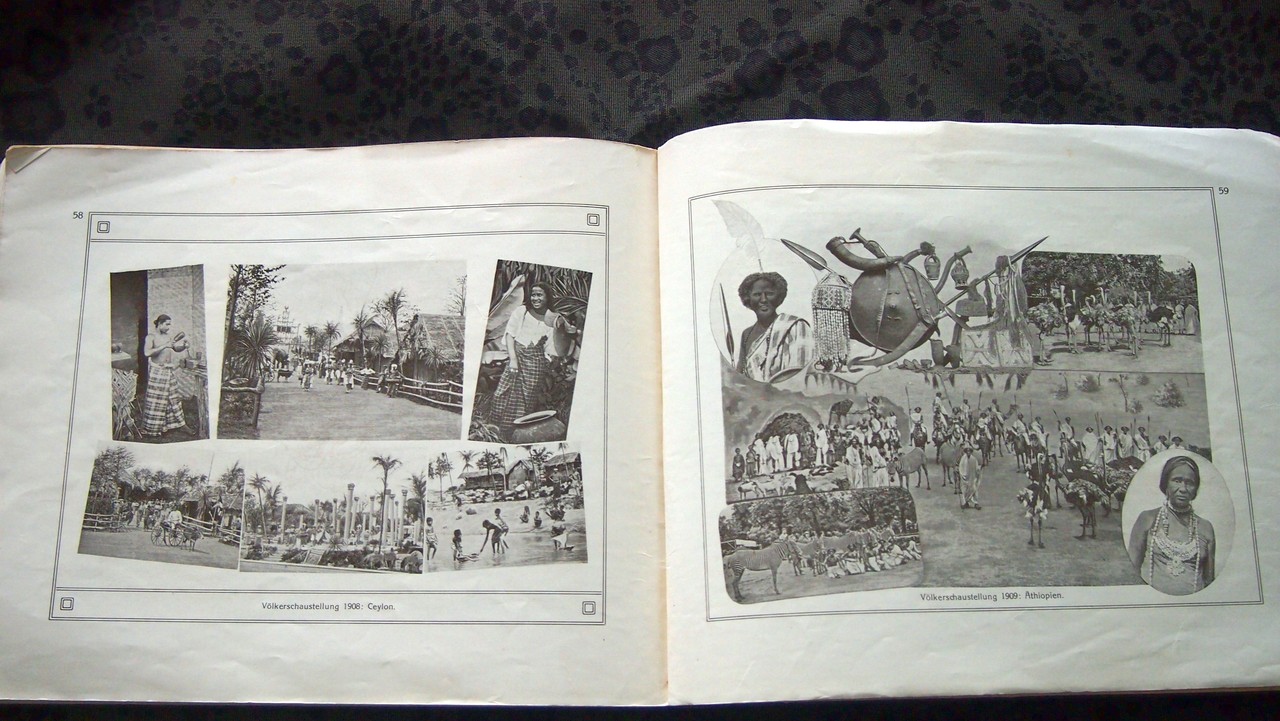 Auf den letzten Seiten der Broschüre sind Bilder der „Völkerausstellungen“ der Jahre 1908 („Ceylon“, heute Sri Lanka) und 1909 (Äthiopien) zu sehen.