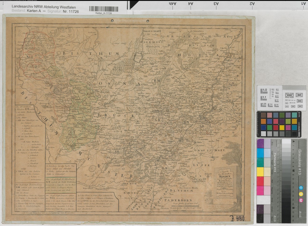 Auf dieser Territorialkarte aus dem Jahr 1797 ist der gesamte frühere Geltungsbereich der Mindener Kriegs- und Domänenkammer zu sehen: nämlich die preußischen Territorien Lingen und Tecklenburg sowie Ravensberg und Minden, Foto: LAV NRW W, W 051/Karten A (Allgemein), Nr. 11726.