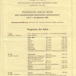 Wie gut geplant und straff durchorganisiert die Romfahrt im Heiligen Jahr war, zeigt dieses Programm des Pilgerzugs (Bestand Kruse, LWL-Alltagskulturarchiv). (vergrößerte Bildansicht wird geöffnet)