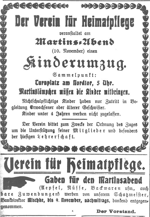 Die Lehrerschaft spielte bei der Einführung und Durchführung von Martinszügen eine wichtige Rolle (Zeitungsannonce Bocholt 1909 (Archiv für Alltagskultur, Sign. 1994.02883))