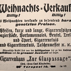 Den "Weihnachts-Verkauf [...] zu bedeutend herabgesetzten Preisen" bot das Cigarrenhaus "Zur Glaspassage". Westfälischer Merkur, 15.12.1900. (vergrößerte Bildansicht wird geöffnet)