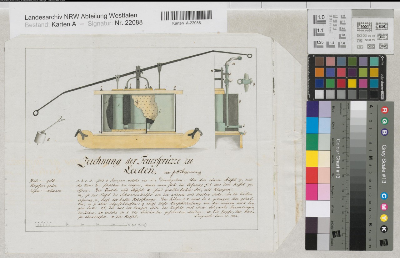 „Zeichnung der Feuersprüzze zu Leeden“ aus dem Jahr 1802. So oder ähnlich könnte auch das Exemplar ausgesehen haben, das die Bauerschaft Ladbergen am Ende des 18. Jahrhunderts erwarb, Foto: LAV NRW W, W 051/Karten A (Allgemein), Nr. 22088.