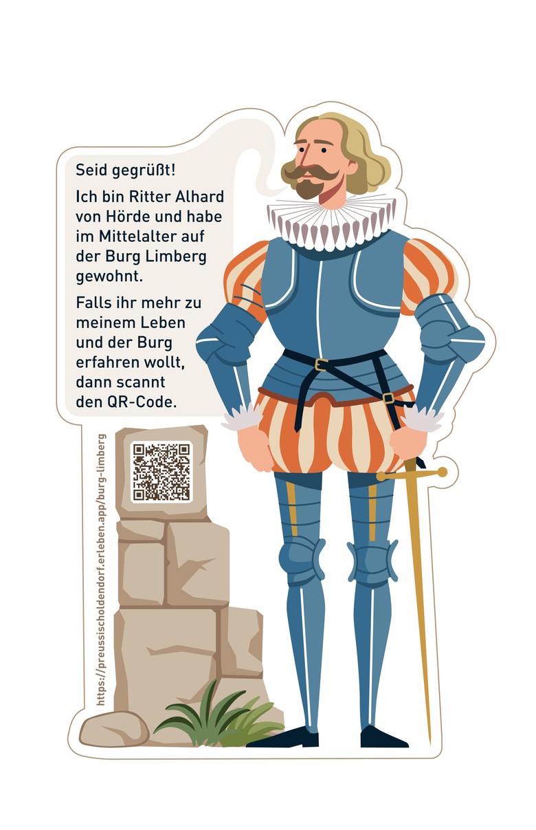 Hinweistafel auf App und Portal mit einer KI-generierten Abbildung von Alhard von Hörde, Foto: Verein zur Erhaltung der Burgruine Limberg e. V.