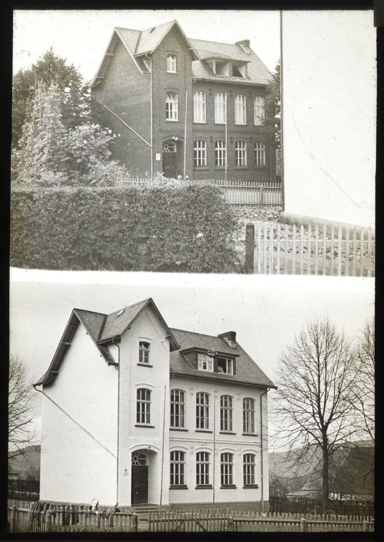 Zwei Fotos eines Hauses, welches dieses Haus vor und nach einer Renovierung zeigt.