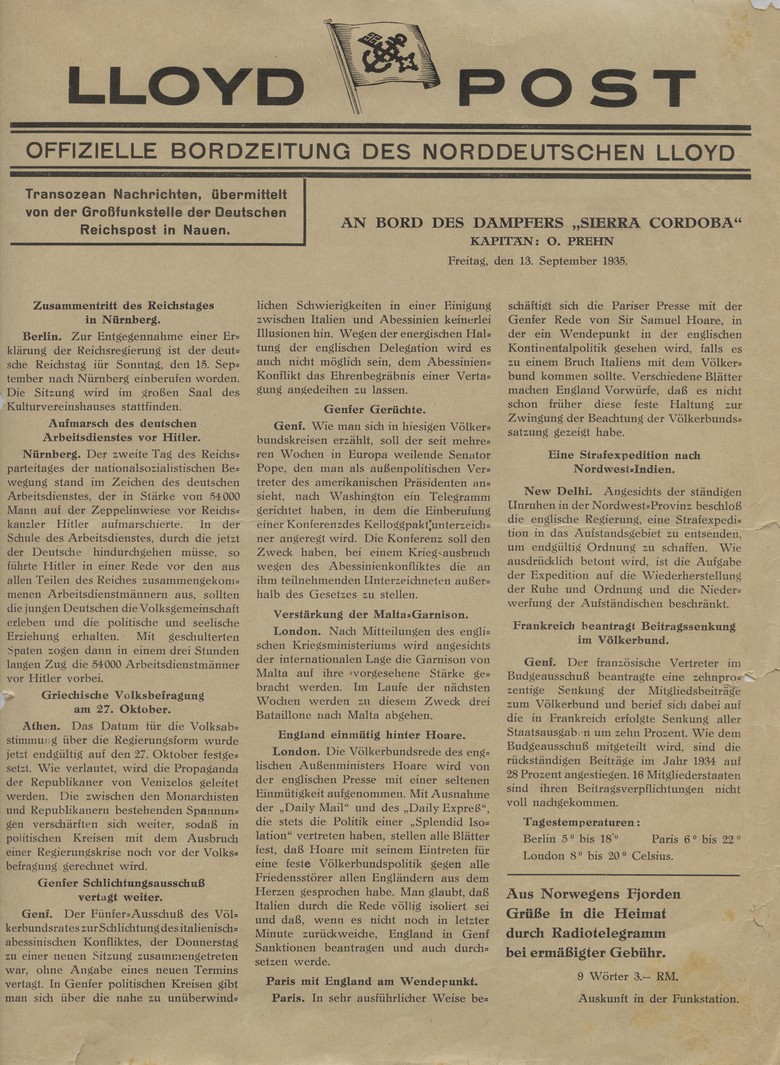 Die Bordzeitung und eine Sonderbeilage unter dem Titel „Walfisch“ hielten die Passagier:innen in der vom Regime gewünschten Weise über das Tagesgeschehen auf dem Laufenden. (Foto: Archiv für Alltagskultur)