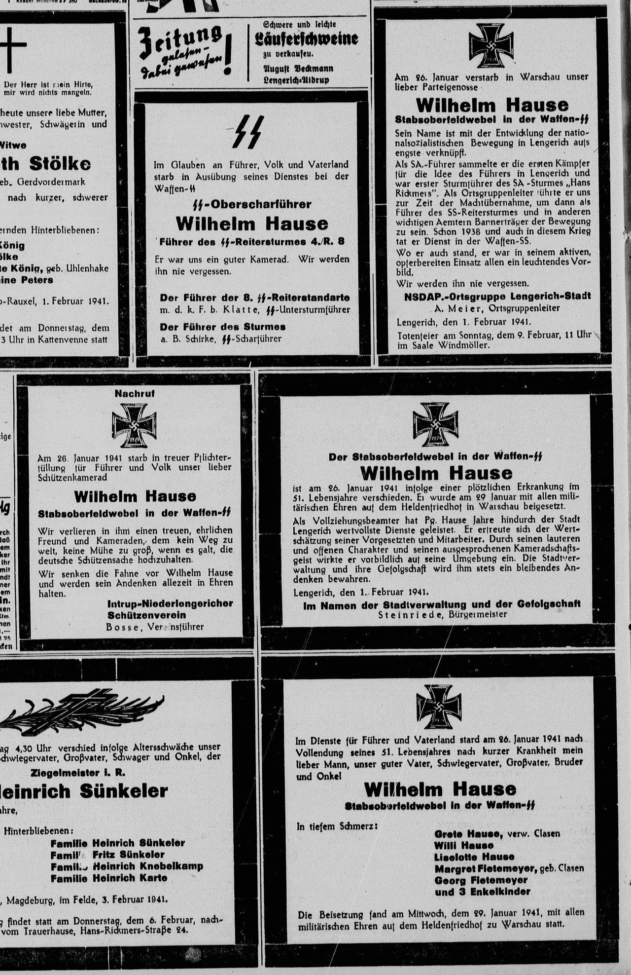 Todesanzeigen für Wilhelm Hause im Tecklenburger Landboten vom 4. Februar 1941 (https://zeitpunkt.nrw/ulbms/periodical/zoom/16251459).