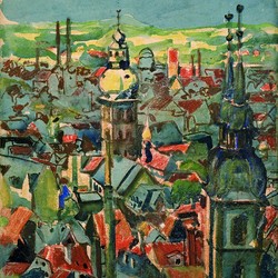 Bielefeld: Blick von der Sparrenburg. Aquarell und Kreide auf Papier (1923). Quelle: Stichting Vrienden van de Schilder Martin Monnickendam. (vergrößerte Bildansicht wird geöffnet)