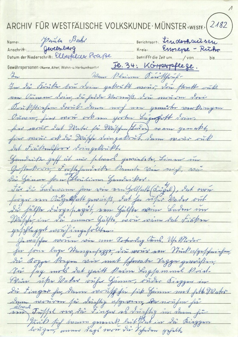 Auszug aus einem niederdeutschen Gewährspersonenbericht von Paula Bahr zum Thema Körperpflege (Archiv für Alltagskultur, MS02182).