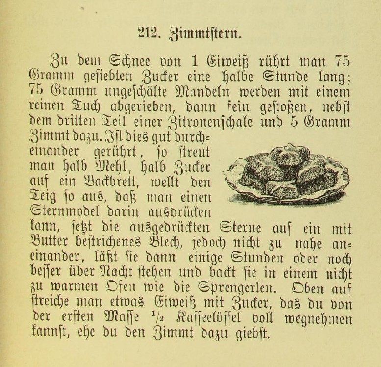 Rezept für Zimtsterne (Löffler 1901, S. 89), online unter https://digital.slub-dresden.de/werkansicht/dlf/10054/101.