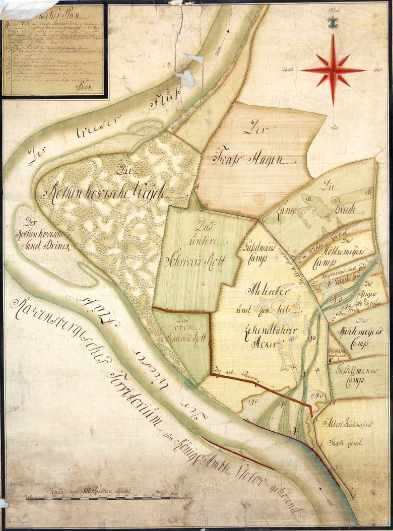 Verlauf der Weser beim Vorwerk Rothenhof im mindischen Amt Hausberge (heute Stadt Porta Westfalica), 1750 (LAV NRW W, W 051, Nr. 19775).