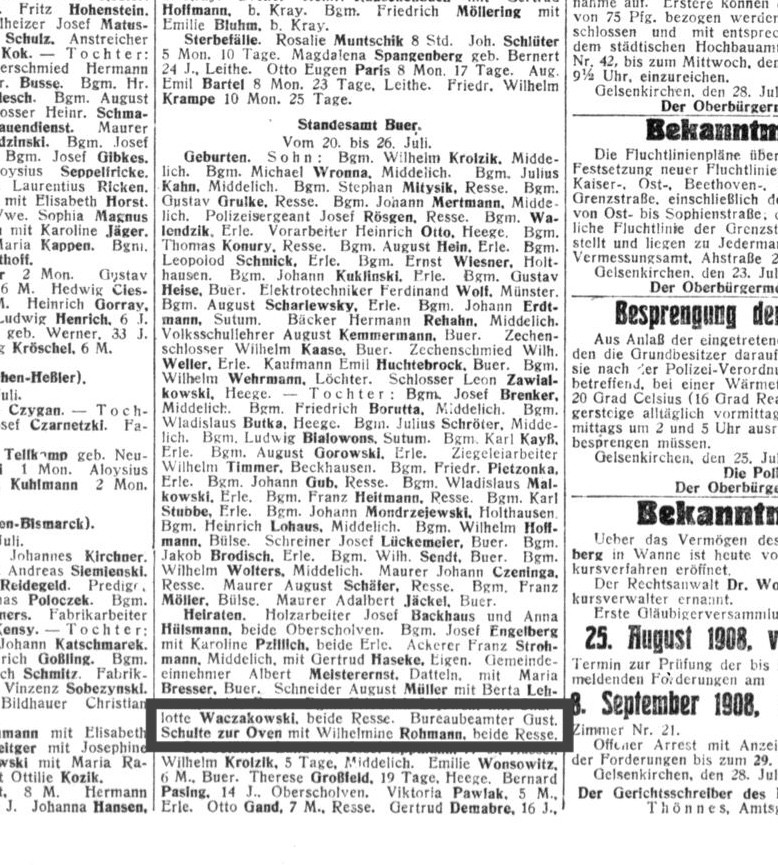 Standesamtsnachrichten in der Gelsenkirchener Zeitung, Jg. 44, Nr. 172 (29. Juli 1908)