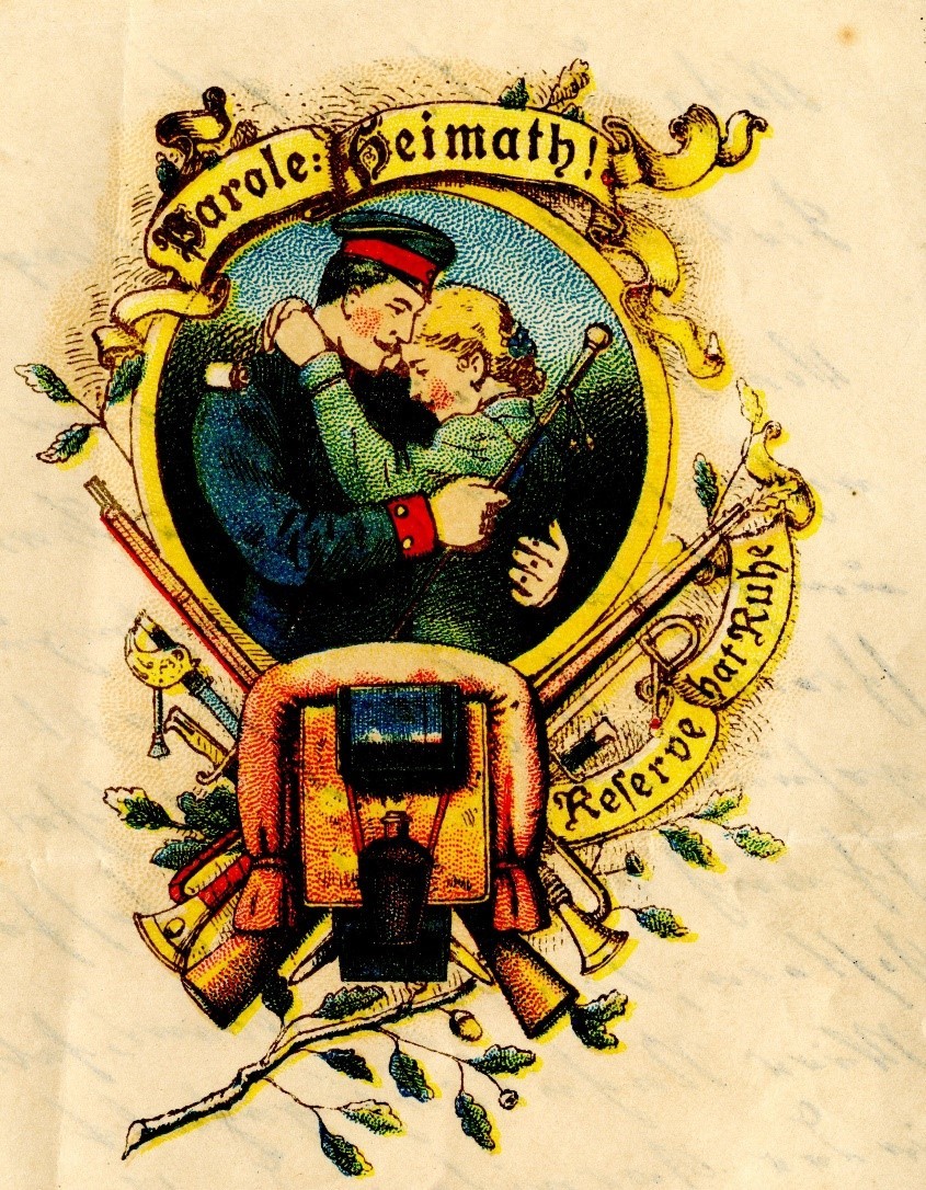 „Parole Heimat, Reserve 95/97 [Dienstzeit von 1895 bis 1897] noch 19 Tage dann hat die Qual ein Ende.“