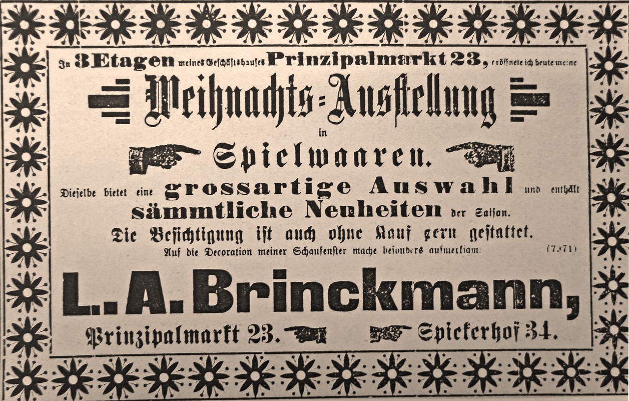 Anzeige für die "Weihnachts-Ausstellung" des Geschäftes L. A. Brinckmann in Münster. Westfälischer Merkur, 17.11.1895.