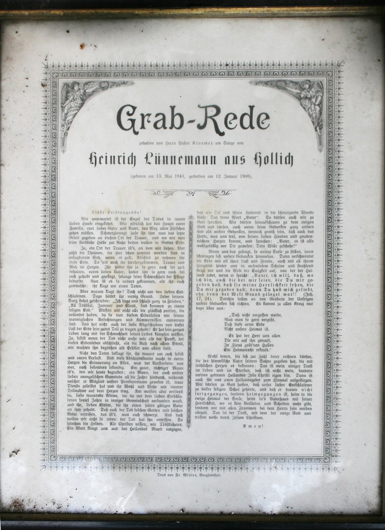 Gerahmte Grabrede aus einem Bauernhaus in Hollich.