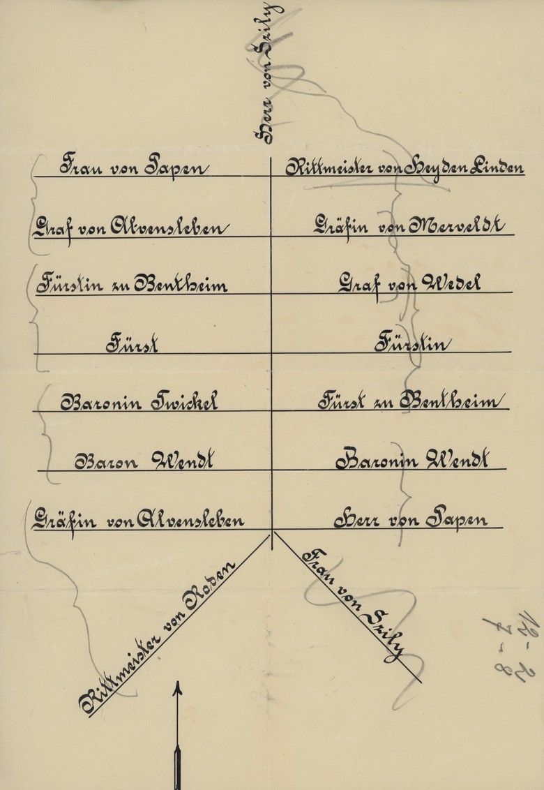 Tischordnung für ein Dinner mit adeligen Gästen (Archiv für Alltagskultur, Personenbestand Ludtmann, K03202.0006)