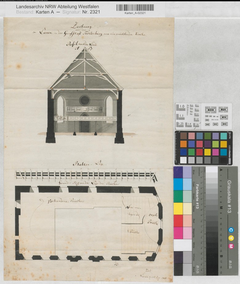 In seiner Landesbeschreibung beschäftigt sich August Karl Holsche unter anderem mit dem christlichen Glauben in der Grafschaft Tecklenburg – ein Thema, mit dem sich die preußischen Beamten auch in anderer Hinsicht befassten, etwa bei Fragen des Kirchenbaus. Hier sind Pläne zum Bau der Kirche in Lienen zu sehen, Landesarchiv Nordrhein-Westfalen, Abteilung Westfalen, W 051/Karten A (Allgemein), Nr. 2321.