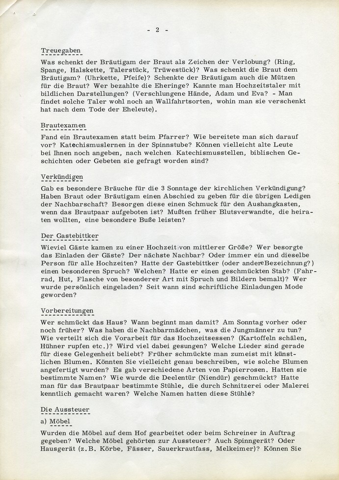 Blatt 2 der Frageliste 8 "Verlobung und Hochzeit". Archiv für Alltagskultur.