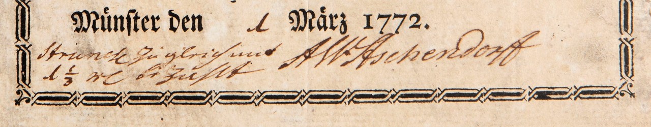 Die Unterschrift von Anton Wilhelm Aschendorff – Detail aus dem Pränumerationsschein (Privatbesitz, Foto: Stadtmuseum Münster, Henrike Kelsch)
