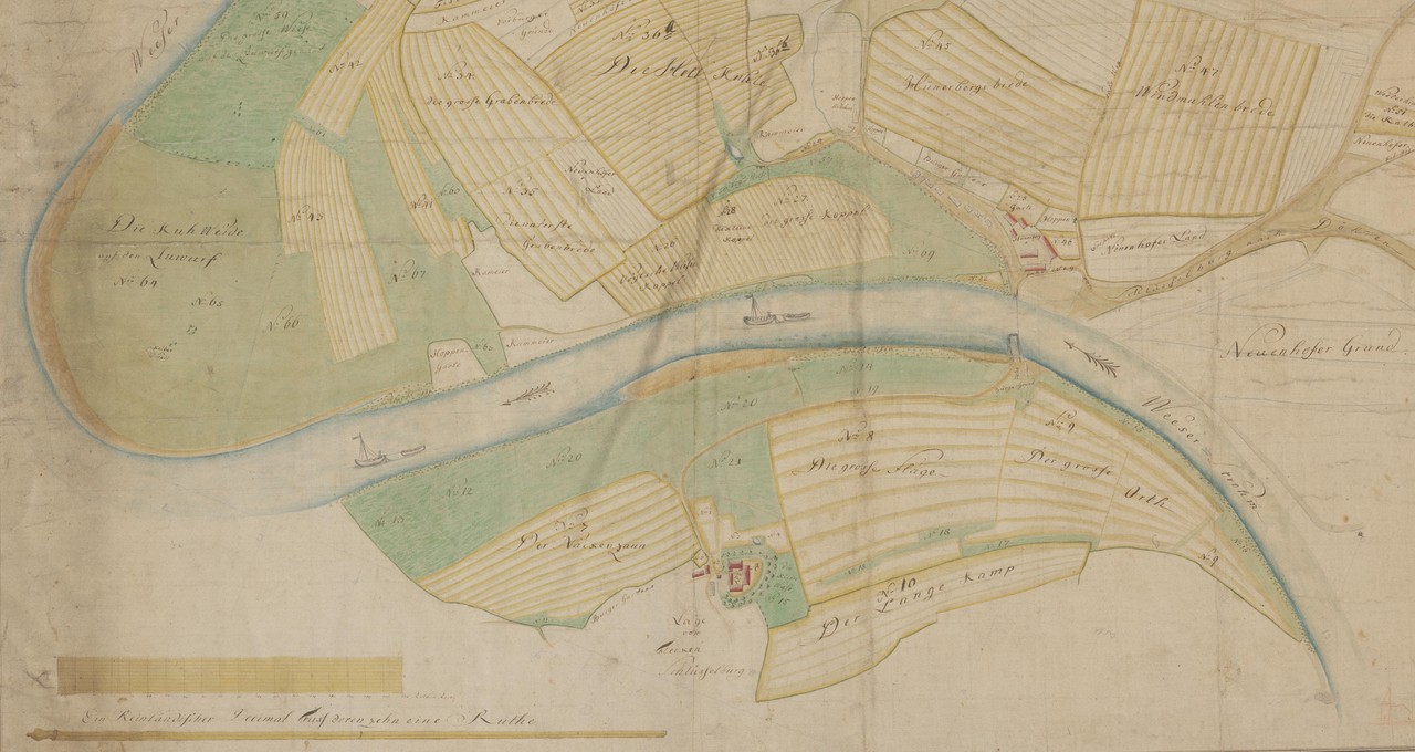 Ansicht der Weser im mindischen Amt Schlüsselburg mit dem Schloss Schlüsselburg westlich der Weser (unten im Bild) und dem Vorwerk Hühnerberg östlich des Stromes (im oberen Bildausschnitt), 1796 (LAV NRW W, W 051, Nr. 19723).