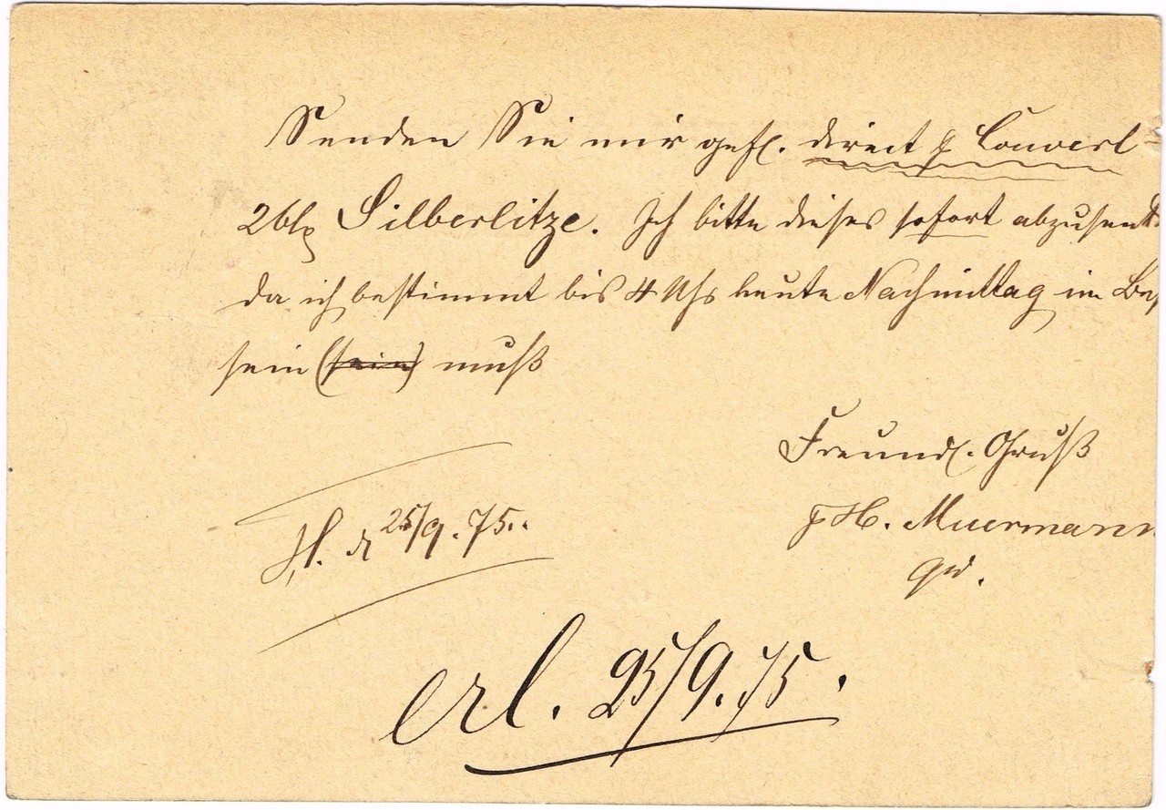 Postkarte an die Tuchhandlung Muermann, Minden, 1875 (Textseite).