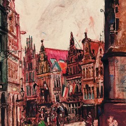 Münster: Roggenmarkt. Kreide auf Papier (1923). Quelle: Stichting Vrienden van de Schilder Martin Monnickendam. (vergrößerte Bildansicht wird geöffnet)